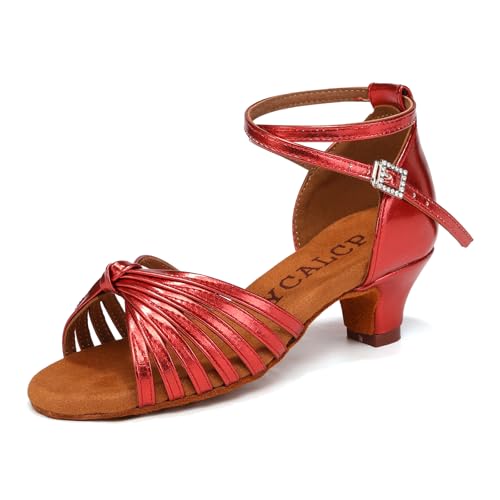 YCALCP Latein Tanzschuhe für Mädchen Rot Ballsaal Salsa Tango Bachata Performance Tanzschuhe mit Niedriger Absatz, 31 EU von YCALCP