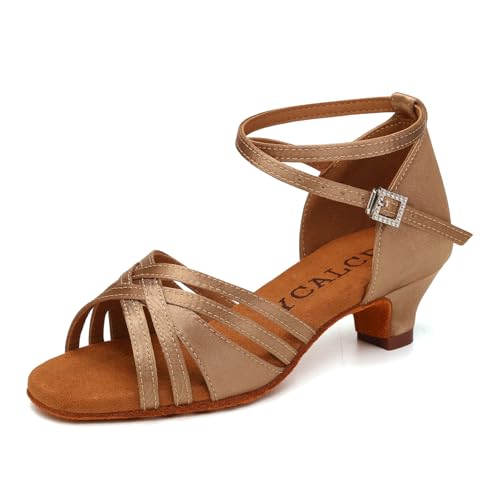 YCALCP Satin Tanzschuhe Kinder MäDchen Latein MäDchen Salsa Tanzschuhe Kinder Professionelle Ballsaal Party Tango Bachata Schuhe,EM-930-XGG-Hellbraun-4,EU 37 von YCALCP
