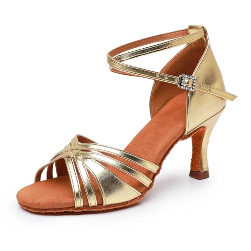 YCALCP Tanzschuhe Damen Latein Satin Professionelle Salsa Bachata Ballsaal Standard Tanzschuhe Performance Schuhe,L3049-Helles Gold-7.5cm,EU 40 von YCALCP