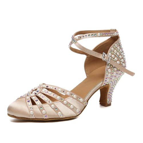 YCALCP Tanzschuhe Damen Standard und Latein Geschlossen Strass mit Perlen Tanzschuhe Salsa Ballsaal Tanz Sandalen,YCL628-Nude-6cm-S,EU 38.5 von YCALCP