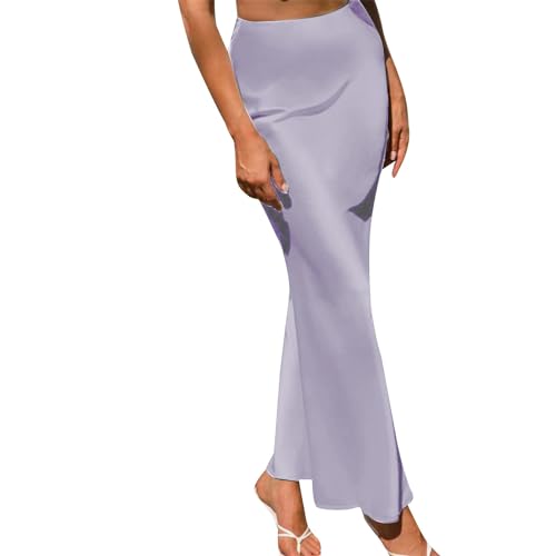 2023 Rock Europäischer und amerikanischer Drape Satin Lila Mittellanger Rock mit hoher Taille und Hüfte in A-Linie Minirock 48 (1-Purple, S) von YCBMINGCAN