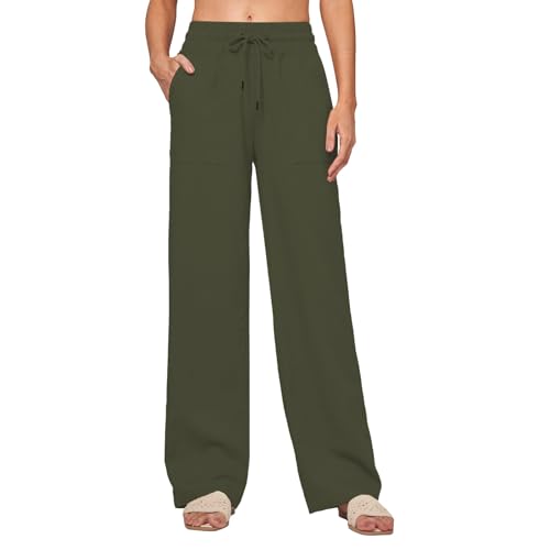 Angebote Des Tages Heute Leinenhose Damen Hose Sommer Weites Bein Elegant Elastisch Hohe Taille Gerade Freizeithose Baumwolle Leinen Hosen Leichte Sommerhose Bequeme Stoffhose mit Taschen Strandhose von YCBMINGCAN