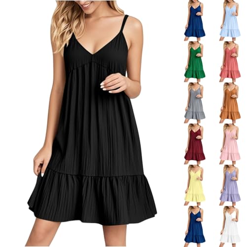 Damen Minikleid, Einfarbiges Sommerkleid Kurz mit V-Ausschnitt Ärmellos, Locker Sommerkleider Lässig A-Linie Strandkleid, Fließendes Freizeitkleid Partykleid von YCBMINGCAN