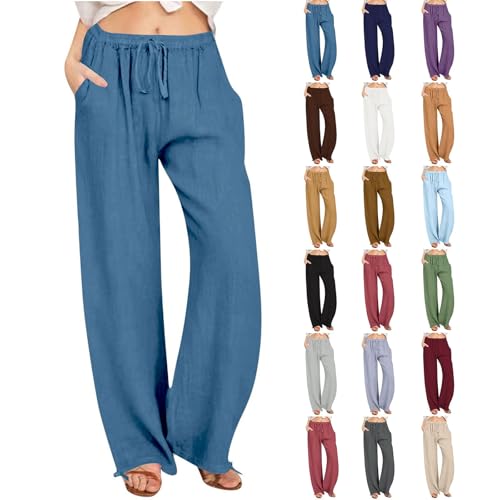 Blitzangebote Des Tages Leinenhose Damen Sommer Leichte Hosen Lässige Sommerhose Strandhose Lange Einfarbig Musselin Hose Weite Leg Pants Freizeithose Weite Beine Caprihose mit Taschen Sporthose von YCBMINGCAN