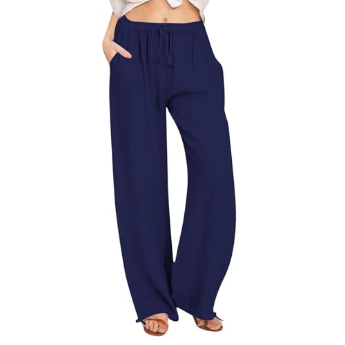 Blitzangebote Des Tages Leinenhose Damen Sommer Leichte Hosen Lässige Sommerhose Strandhose Lange Einfarbig Musselin Hose Weite Leg Pants Freizeithose Weite Beine Caprihose mit Taschen Sporthose von YCBMINGCAN