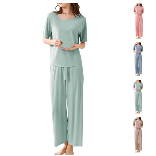 Blitzangebote Schlafanzug Damen Kurz Pyjama Lounge Set 2 Teilig Damen Nachthemden Zweiteiliger Sommer Loungewear Sleepwear Pyjamas Einfarbig Bequem Freizeitanzug Kurzarm Top und Hose von YCBMINGCAN