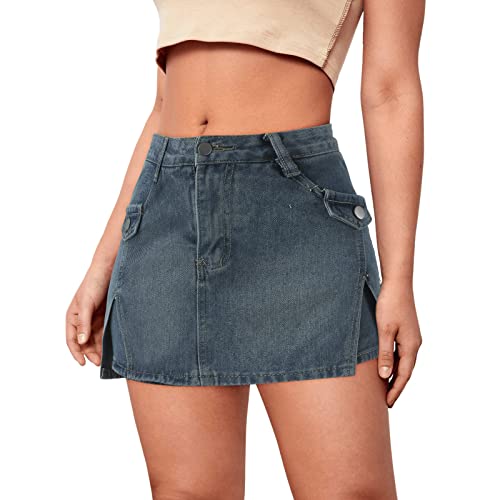 Blitzangebote des Tages Jeans Hosenrock Damen Sommer High Waist Y2K Hosenrock Asymmetrische Jeans Rock mit Kurz Hose Casual Culotte-Shorts Moden A-Linien Knopf Culottes Hosen Elegant Kurz Jeansrock von YCBMINGCAN