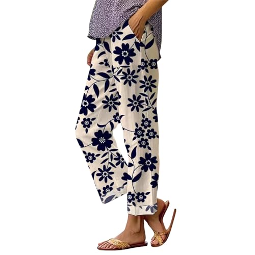 YCBMINGCAN Damen Sommer Hosen Leinenhose für Damen Lange Leichte Freizeithose Elegante Sommerhose Leicht Hoher Taille Stoffhose Freizeithosen Große Größen Hosen Strandhose Mit Taschen von YCBMINGCAN