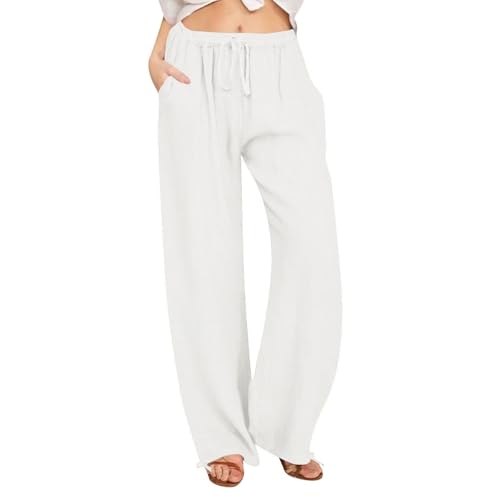 Meine Bestellungen Leinenhose Damen Sommer Leichte Hosen Lässige Sommerhose Strandhose Lange Einfarbig Musselin Hose Weite Leg Pants Freizeithose Weite Beine Caprihose mit Taschen Sporthose von YCBMINGCAN
