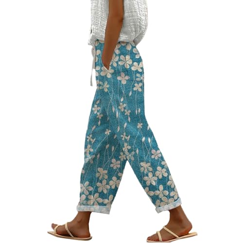 YCBMINGCAN Damen Sommer Hosen Leinenhose für Damen Lange Leichte Freizeithose Elegante Sommerhose Leicht Hoher Taille Stoffhose Freizeithosen Große Größen Hosen Strandhose Mit Taschen von YCBMINGCAN