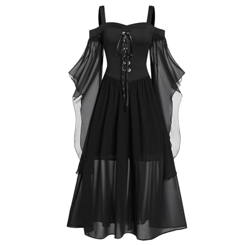 Mittelalterliches Kostüm für Damen, irisches Hemdkleid mit Trompetenärmeln und Korsett, traditionelles Kleid, Halloween-Frauen-Cosplay-Kostüme, Gothic-Retro-Langarm-Korsettkleid A Form (Black, M) von YCBMINGCAN