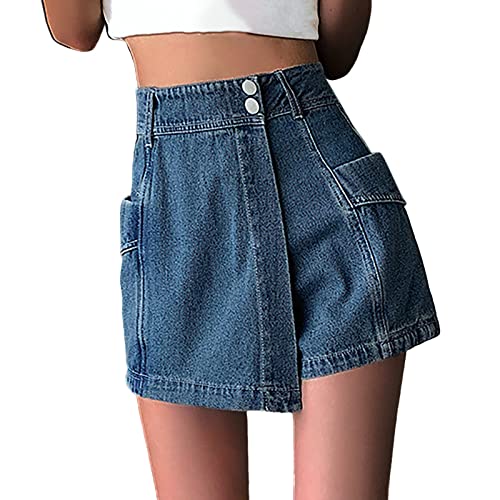 Outlet Angebote Jeans Hosenrock Damen Sommer High Waist Y2K Hosenrock Asymmetrische Jeans Rock mit Kurz Hose Casual Culotte-Shorts Moden A-Linien Knopf Culottes Hosen Elegant Kurz Jeansrock von YCBMINGCAN