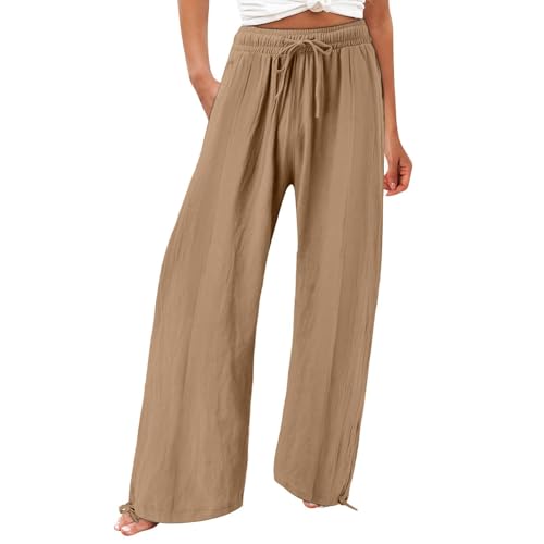 Outlet Angebote Weiße Hose Damen Leinenhose Leichte Sommerhose Damen Loose Fit Baggy Hose Elegant Outdoor Strandhose High Waist Stoffhose Damen Leicht Lang Wide Leg Freizeithose mit Taschen von YCBMINGCAN