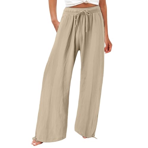 Outlet Angebote Weiße Hose Damen Leinenhose Leichte Sommerhose Damen Loose Fit Baggy Hose Elegant Outdoor Strandhose High Waist Stoffhose Damen Leicht Lang Wide Leg Freizeithose mit Taschen von YCBMINGCAN