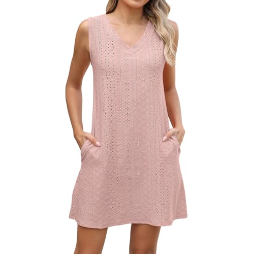 Prime-Exclusive-Discount Strandkleider Damen V-Ausschnitt Ärmellos Sommerkleid Damen Mini Boho Kleid Leichtes Strandkleid Luftig A Linien Strand Kleider Casual Minikleid mit Taschen Frühlingskleid von YCBMINGCAN