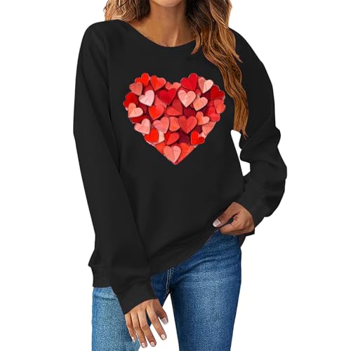 Pullover für Damen Damen Pullover mit Herzen Valentinstag Oberteile Klassisch Liebe Muster Valentinstag Sweatshirt Langarmshirt Rundhals Pullover Pulli Shirt Cute Herz Print Valentinstag Tops von YCBMINGCAN