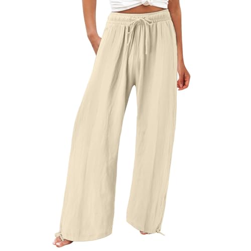 Sale Damen Weiße Hose Damen Leinenhose Leichte Sommerhose Damen Loose Fit Baggy Hose Elegant Outdoor Strandhose High Waist Stoffhose Damen Leicht Lang Wide Leg Freizeithose mit Taschen von YCBMINGCAN