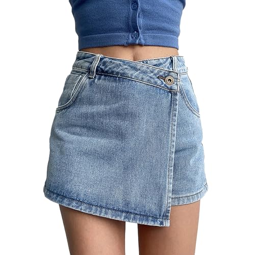 Warehouse Deal Jeans Hosenrock Damen Sommer High Waist Y2K Hosenrock Asymmetrische Jeans Rock mit Kurz Hose Casual Culotte-Shorts Moden A-Linien Knopf Culottes Hosen Elegant Kurz Jeansrock von YCBMINGCAN
