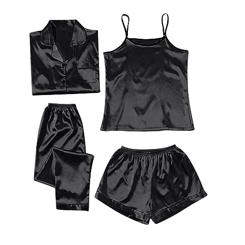 YCBMINGCAN 4-teiliges Damen-Pyjama-Set aus Satin und Seide mit Langen Ärmeln und Knopfleiste Pyjama Teenager Mädchen (Black, S) von YCBMINGCAN