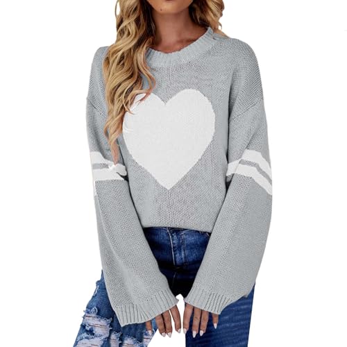 YCBMINGCAN Angebote des Tages Heute Herz-Pullover für Damen Strickpullover Langärmelig Elegant Pullover mit Herzen Damen Valentinstag Oberteile Rundhalsausschnitt Niedlich Pullover Für Damen von YCBMINGCAN