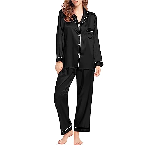 YCBMINGCAN Angebote-des-Tages-Heute Schlafanzug Damen Satin Pyjama Hausanzug Mit Knöpfen Lang Schlafanzüge Für Damen Zweiteiliger V-Ausschnitt Nachtwäsche Pjs Sets Loungewear Elegant Sleepwear von YCBMINGCAN