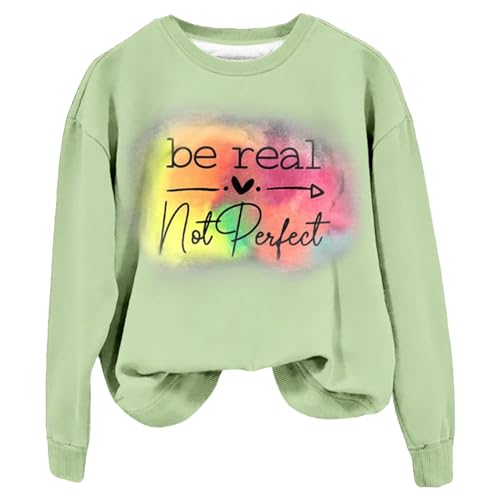 YCBMINGCAN Be Real Not Perfect Kunstdruckmuster Lässiges Sweatshirt Lässiges Sweatshirt Hoodie Bedrucktes Rundhalsshirt Damen Pullover Sweatshirt Katzen Pulli (Mint Green, S) von YCBMINGCAN