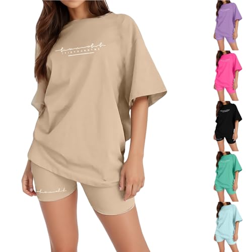 YCBMINGCAN Blitzangebote Sportanzug Damen Kurzarm Trainingsanzug Set Tracksuit Rundhalsausschnitt Einfarbig Zweiteiler Zweiteiler Jogginganzug Loungewear Outfit Jogger Trainingsanzug Set Sport Outfit von YCBMINGCAN