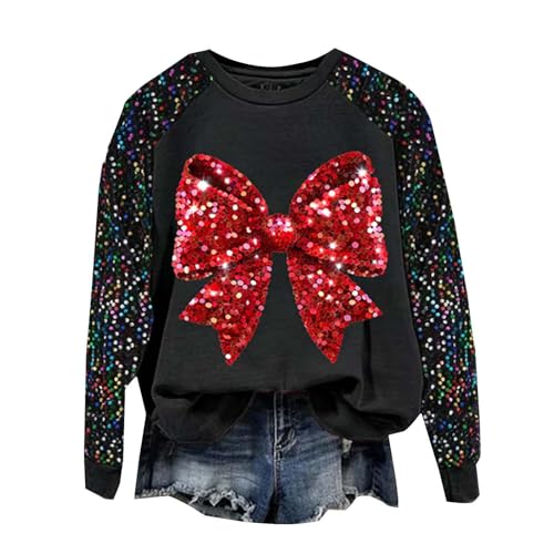 YCBMINGCAN Blitzangebote Des Tages Weihnachtspulli Damen Weihnachtspullover Damen Sweatshirt Ohne Kapuze Bow Thin Shiny Piece Pullover Damen Round Neck Pullover Weihnachten Damen Weihnachts von YCBMINGCAN