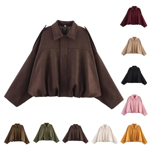 YCBMINGCAN Bomberjacke Braun,Wildlederjacke Damen Kurz Oversized | Warm Bomberjacke mit Fledermausärmeln aus weichem Kunstwildleder | Übergangsjacke für Herbst & Winter Streetwear von YCBMINGCAN
