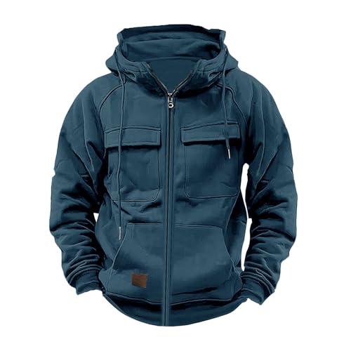 YCBMINGCAN Cargo Jacke Fall Hoodie Herren Einfarbig Langarm Sweatjacke Mit Reißverschluss Kapuzenpullover Loose Fit Tops Herren Zip Up Hoodies Männer Leicht Kapuzenjacke Outdoor (Blue #1, L) von YCBMINGCAN