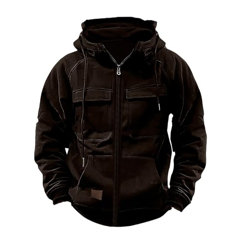 YCBMINGCAN Cargo Jacke Fall Hoodie Herren Einfarbig Langarm Sweatjacke Mit Reißverschluss Kapuzenpullover Loose Fit Tops Herren Zip Up Hoodies Männer Leicht Kapuzenjacke Outdoor (Brown #1, L) von YCBMINGCAN