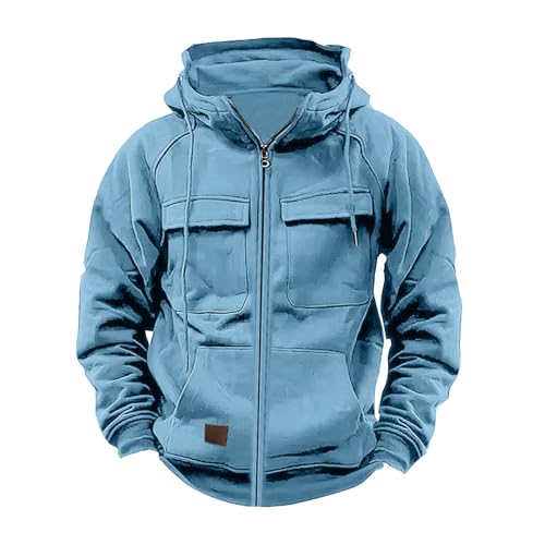 YCBMINGCAN Cargo Jacke Fall Hoodie Herren Einfarbig Langarm Sweatjacke Mit Reißverschluss Kapuzenpullover Loose Fit Tops Herren Zip Up Hoodies Männer Leicht Kapuzenjacke Outdoor (Light Blue #1, L) von YCBMINGCAN