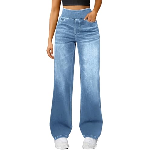 YCBMINGCAN Damen Jeans High Waist mit Komfortbund, Wide Leg Stretch-Denim Hose ohne Reißverschluss, Bequeme Straight Leg Freizeithose von YCBMINGCAN