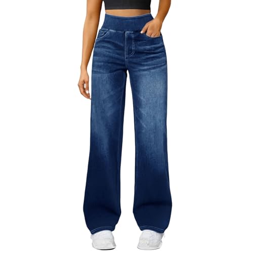YCBMINGCAN Damen Jeans High Waist mit Komfortbund, Wide Leg Stretch-Denim Hose ohne Reißverschluss, Bequeme Straight Leg Freizeithose von YCBMINGCAN