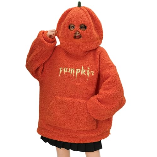 YCBMINGCAN Damen Kürbis Hoodie Oversized Sweatshirt, Lustiger Halloween Kapuzenpullover mit Kürbisgesicht-Kapuze, Weicher Teddy Fleece Pullover Langarm Streetwear für Herbst Winter von YCBMINGCAN