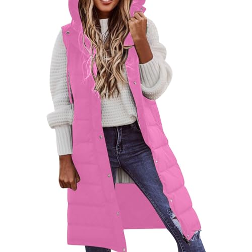 YCBMINGCAN Damen Oversize Steppweste Winter Weste Pufferweste Einfarbig Outwear Daunenweste Übergangsweste Warmer Daunenmantel Gilet Alltäg Ärmellos Leicht Kapuzenweste Wintermantel (Hot Pink, M) von YCBMINGCAN