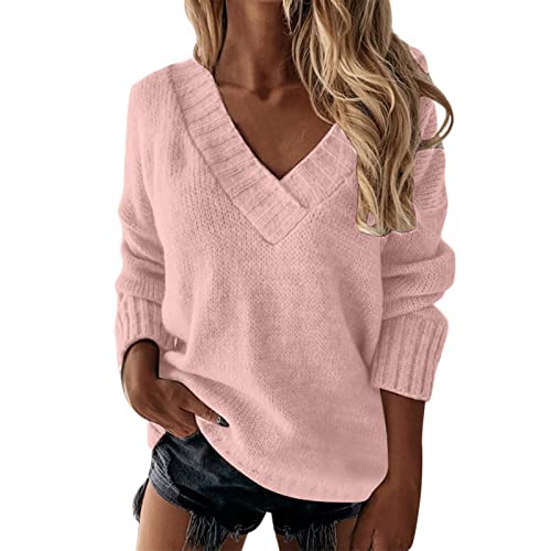 YCBMINGCAN Damen Pullover Elegant einfarbiger Langarm-Mode-Pullover mit V-Ausschnitt Fleecepullover Damen Weiß (Pink, XXL) von YCBMINGCAN