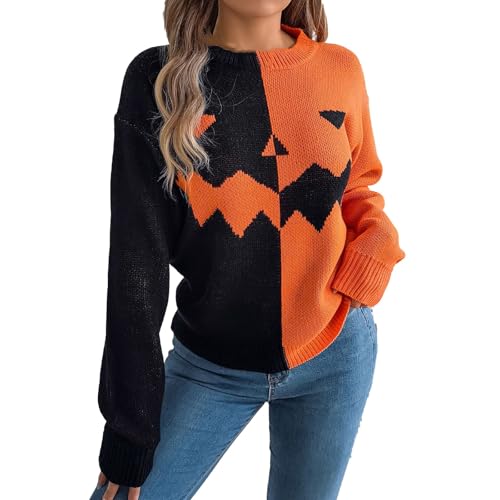 YCBMINGCAN Damen Rundhals Halloween Gestrickter Warmer Und Lockerer Langarmpullover Sweatshirt Damen Eng (Orange, M) von YCBMINGCAN