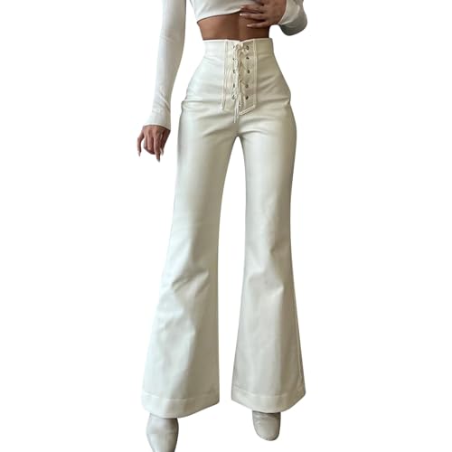 YCBMINGCAN Damen-Schlaghose aus Kunstleder, hohe Taille, Schnürung vorne, PU-, Schlaghose, Dehnbare Leggings mit weitem Bein Damenjeans Gerades Bein Stretch (White, XL) von YCBMINGCAN