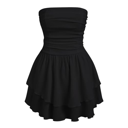 YCBMINGCAN Damen Sommer Cocktailkleid Tube Gerafftes Rüschen Minikleid Kleid Schwarz Langarm (Black, XS) von YCBMINGCAN
