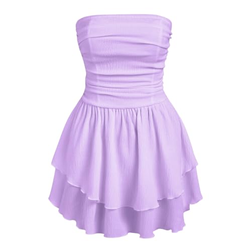 YCBMINGCAN Damen Sommer Cocktailkleid Tube Gerafftes Rüschen Minikleid Kleid Schwarz Langarm (Purple, M) von YCBMINGCAN