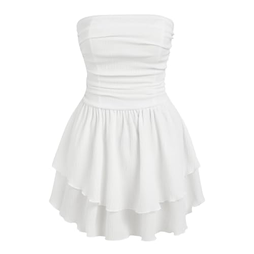 YCBMINGCAN Damen Sommer Cocktailkleid Tube Gerafftes Rüschen Minikleid Kleid Schwarz Langarm (White, XS) von YCBMINGCAN