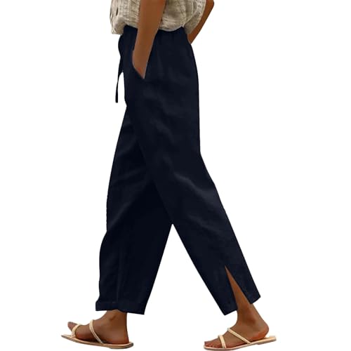 YCBMINGCAN Damen Sommer Hosen Leinenhose für Damen Lange Leichte Freizeithose Elegante Sommerhose Leicht Hoher Taille Stoffhose Freizeithosen Große Größen Hosen Strandhose Mit Taschen von YCBMINGCAN