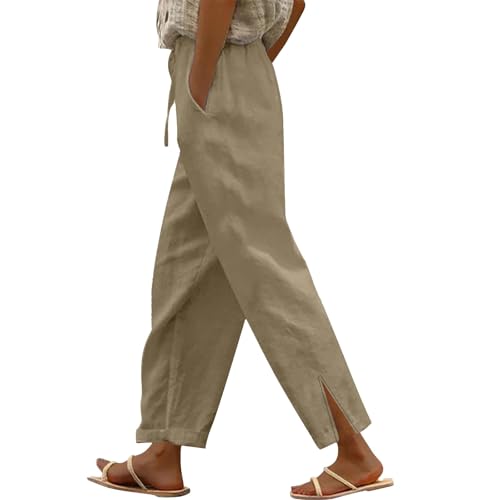 YCBMINGCAN Damen Sommer Hosen Leinenhose für Damen Lange Leichte Freizeithose Elegante Sommerhose Leicht Hoher Taille Stoffhose Freizeithosen Große Größen Hosen Strandhose Mit Taschen von YCBMINGCAN