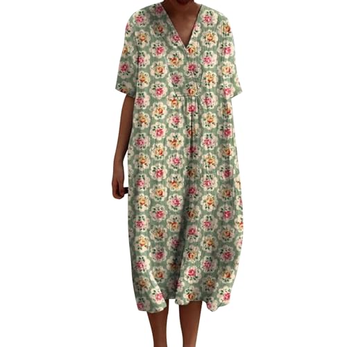 YCBMINGCAN Damen Vintage Blumen Kunstdruck Lässiges fließendes Kleid mit Taschen V-Ausschnitt Maxi Strickkleid (AG, XXXXL) von YCBMINGCAN