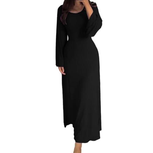 YCBMINGCAN Elegantes, figurbetontes Damenkleid mit Rundhalsausschnitt, langes Kleid, Elegantes, langärmliges, figurbetontes Maxikleid Festliche Kleider Für Hochzeit Damen (Black, M) von YCBMINGCAN