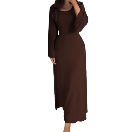 YCBMINGCAN Elegantes, figurbetontes Damenkleid mit Rundhalsausschnitt, langes Kleid, Elegantes, langärmliges, figurbetontes Maxikleid Festliche Kleider Für Hochzeit Damen (Brown, S) von YCBMINGCAN