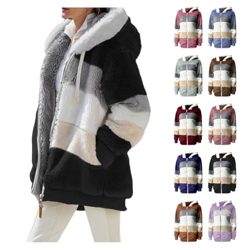 YCBMINGCAN Fleecejacke Damen Lang,Winterjacke Damen mit Kapuze | Warme Teddyjacke aus Fleece als Herbstjacke | Lässige Sweatjacke im Farbblock Design mit Reißverschluss von YCBMINGCAN