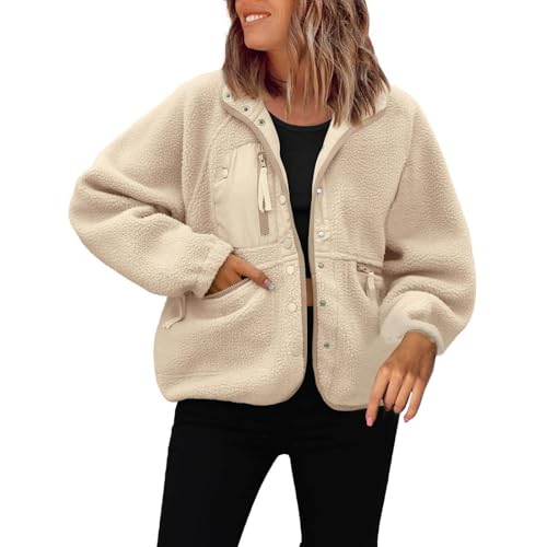 YCBMINGCAN Frauen Herbst Und Winter Lässig Einfarbig Geknöpft Langarm Plüsch Patchwork Jacke Warme Winter Winter Jacken Mantel Rot Damen Elegant (Khaki, XXL) von YCBMINGCAN