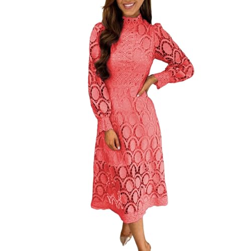 YCBMINGCAN Frauen Sommer Spitze ausgehöhlt Kleid schlank Stehkragen Puffärmel solide langes Kleid Langes Schwarzes Kleid (Watermelon Red, L) von YCBMINGCAN